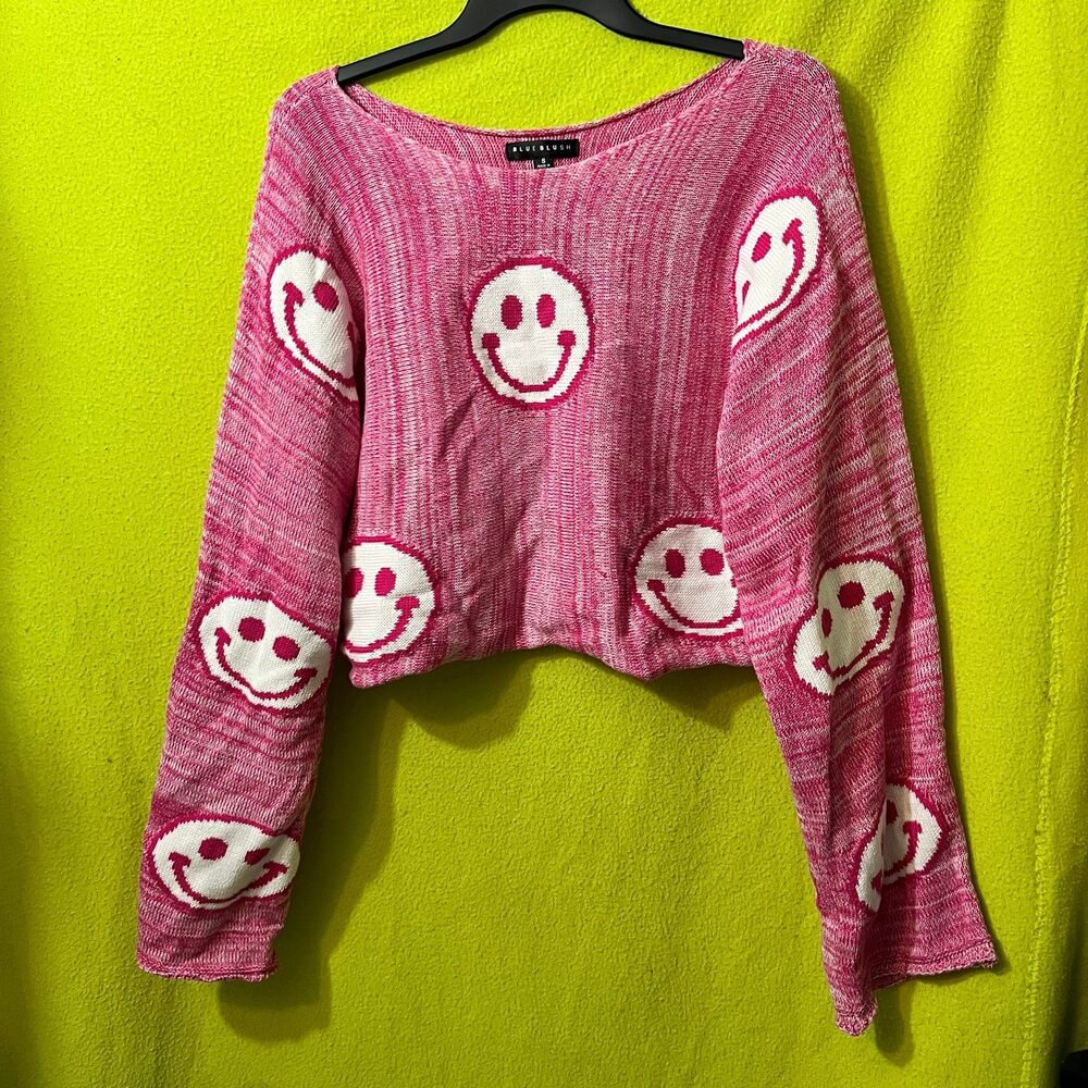 Blue Blush Smiley Face Cropped Sweater Pink Oversized S